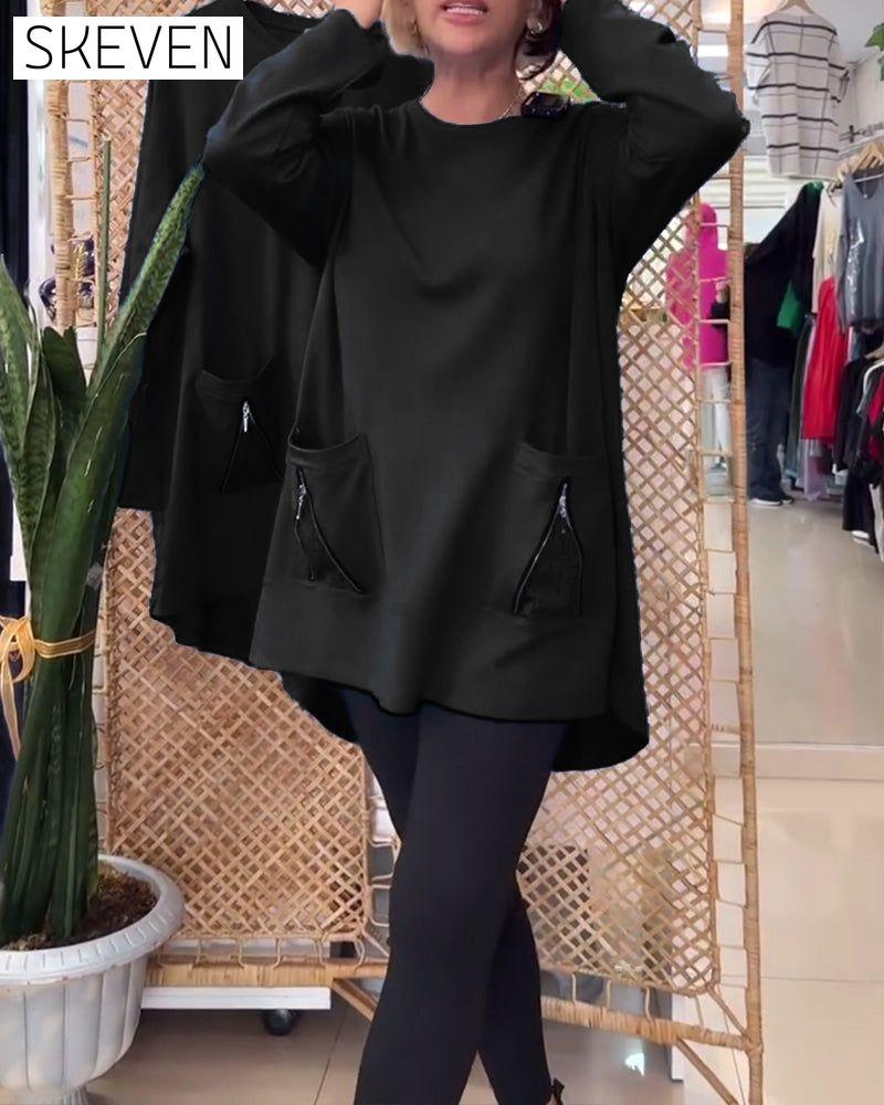 Round Neck Solid Color Zipper Pocket Sweatshirt