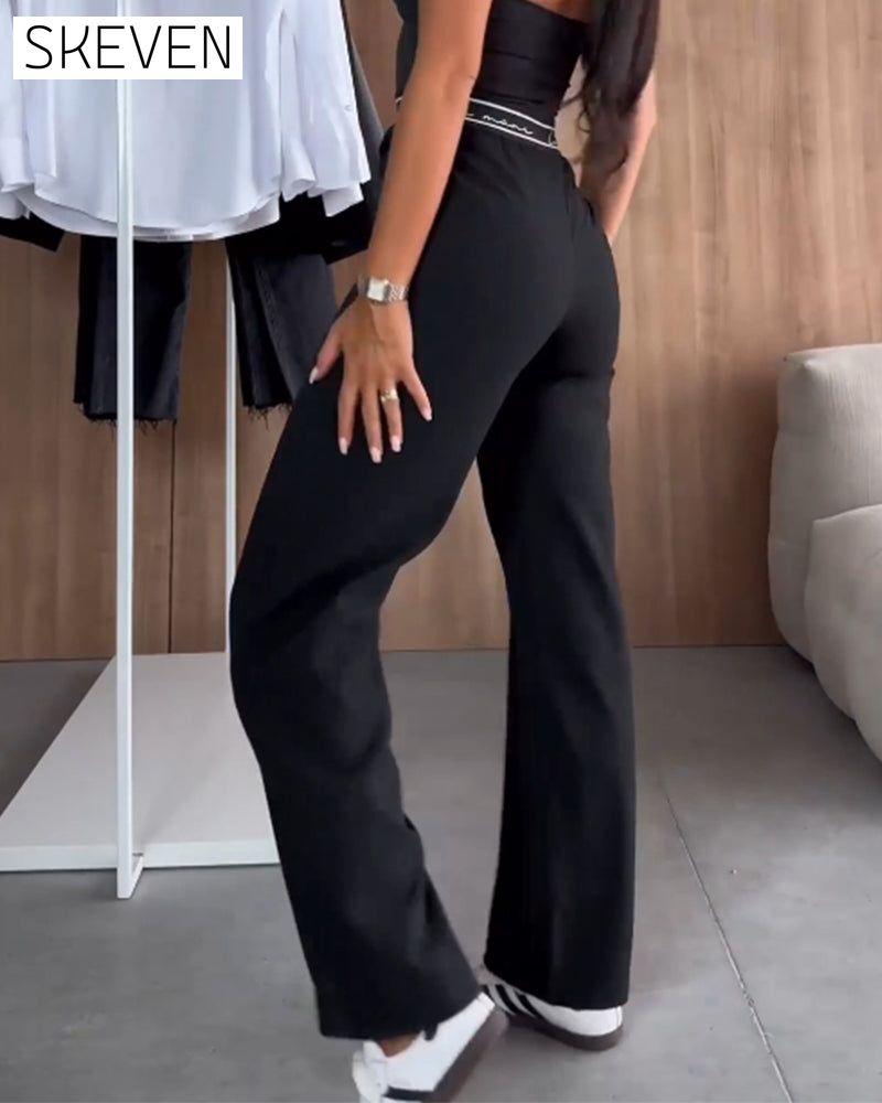 pantalon droit décontracté uni à poches zippées