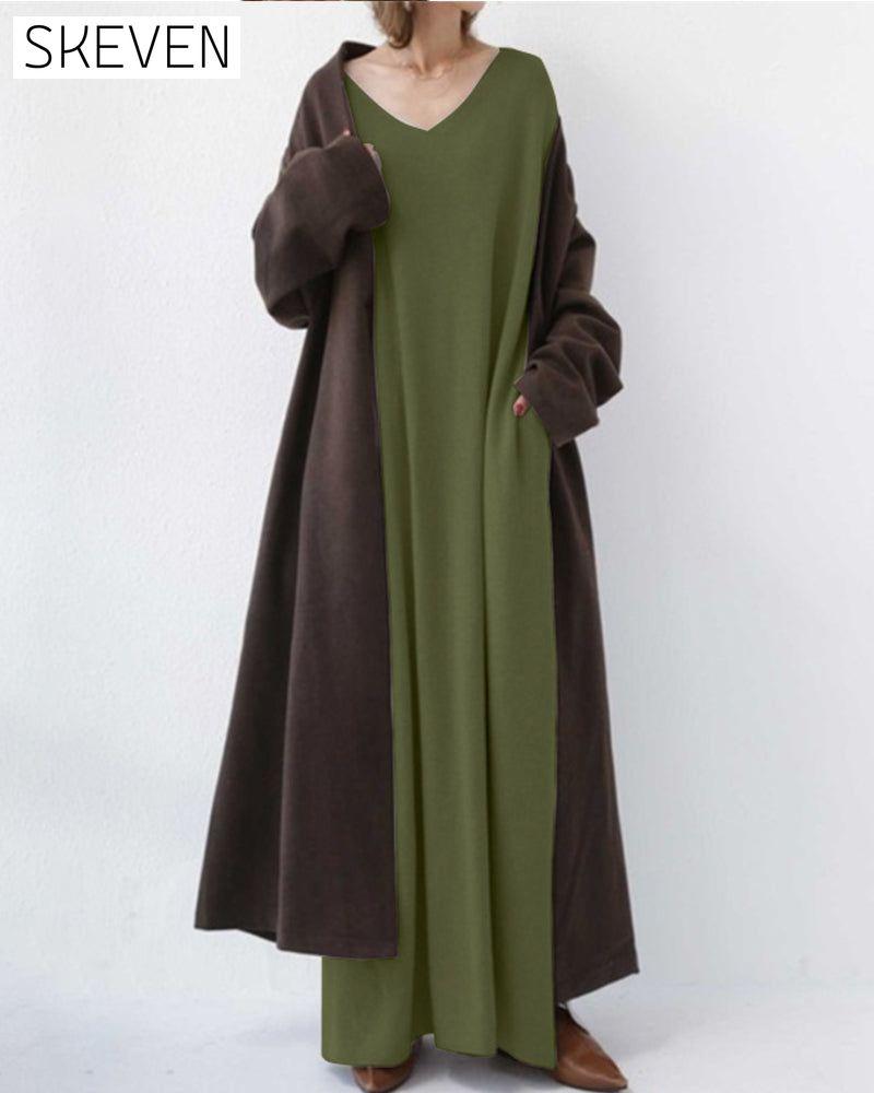 robe trapèze à manches longues et col en V
