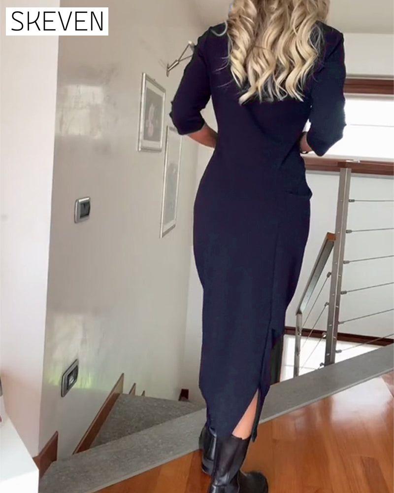 Round neck pleated solid color elegant dress