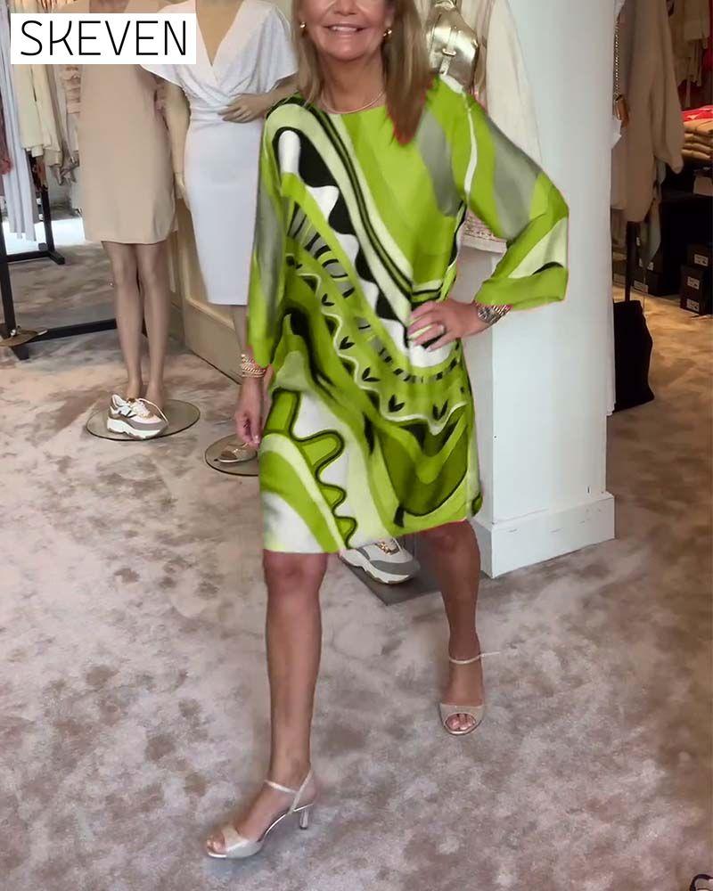 Round neck fashionable printed midi dress
