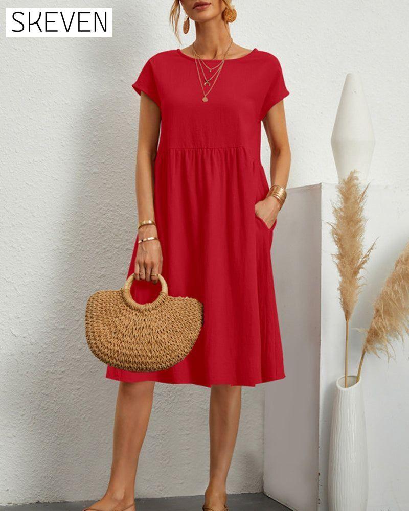 Round neck loose cotton and linen dress Red 23BF casual dresses Clothes Cotton and Linen discount Dresses Spring summer