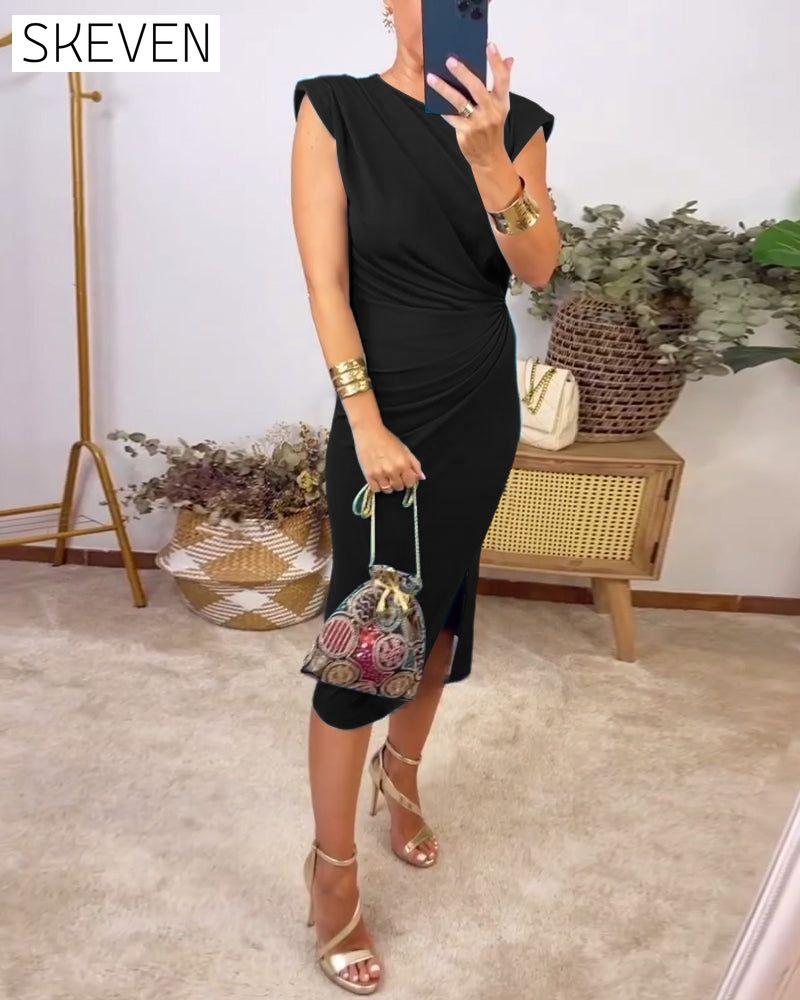 Robe plissée sans manches à fente, couleur unie