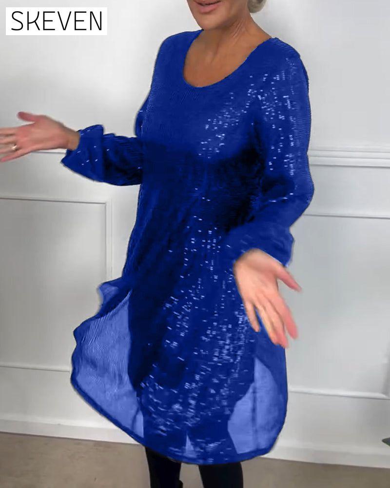 Elegantes, paillettenbesetztes A-Linien-Kleid mit Laternenärmeln