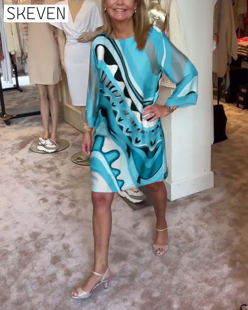 Round neck fashionable printed midi dress