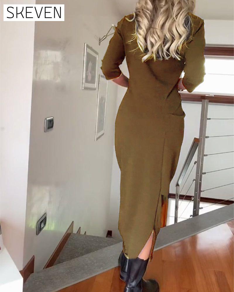 Round neck pleated solid color elegant dress