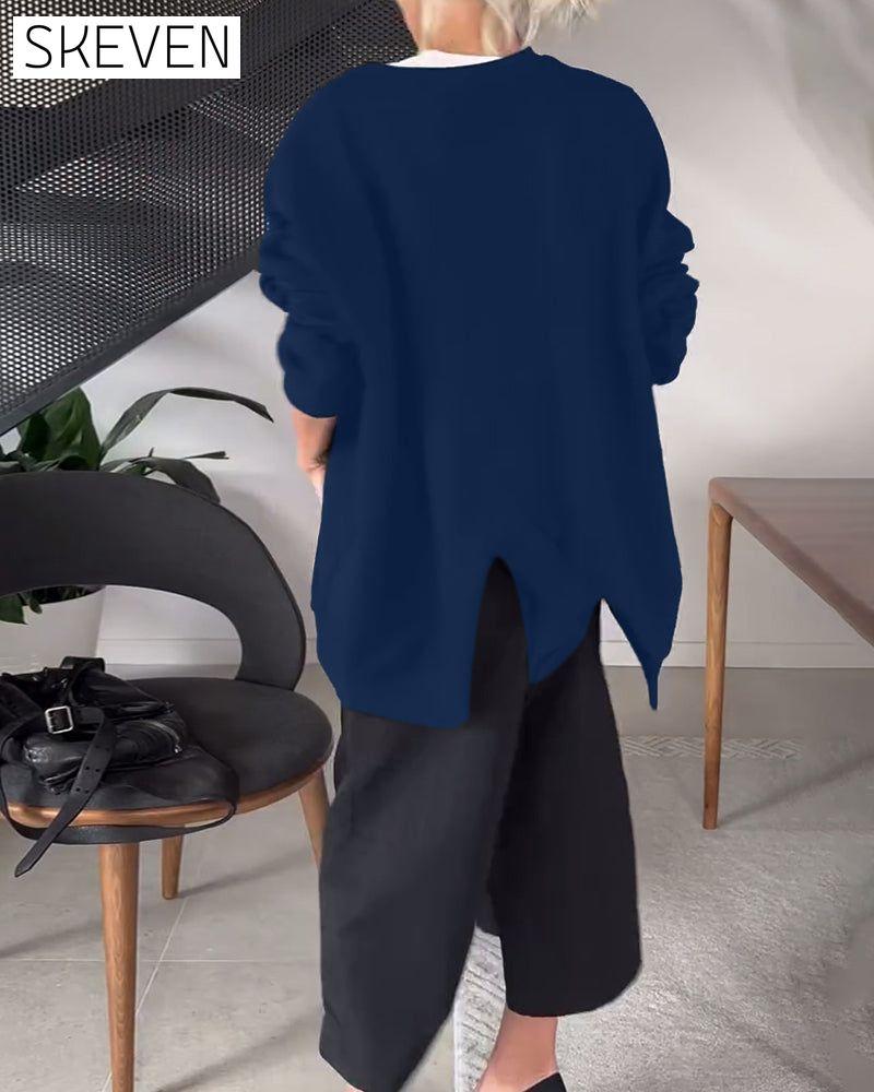 Lässiges Sweatshirt mit Rundhalsausschnitt und Schlitz in Unifarbe