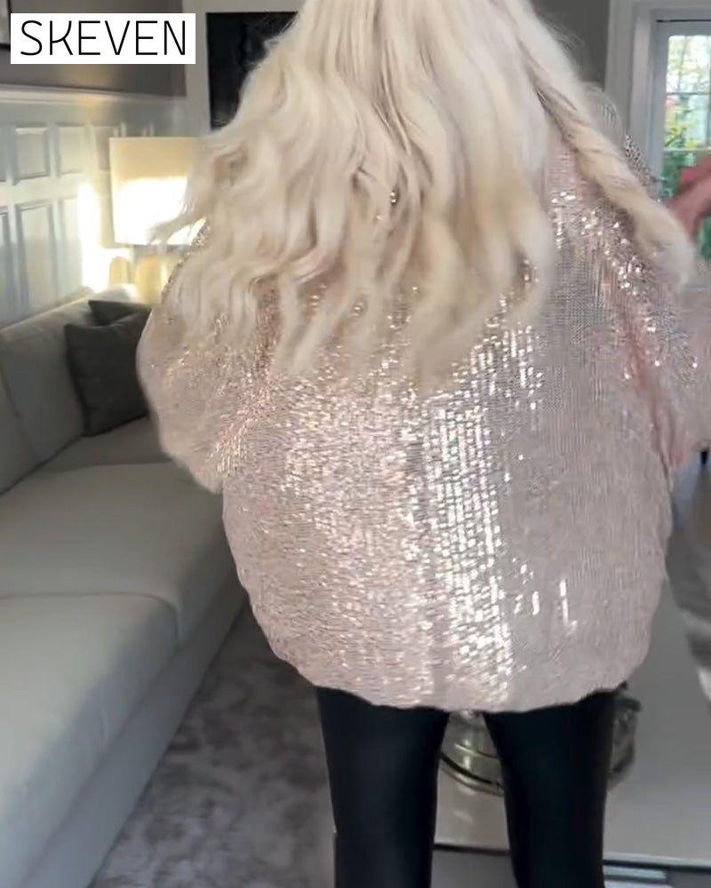 haut à sequins à manches bouffantes et col rond