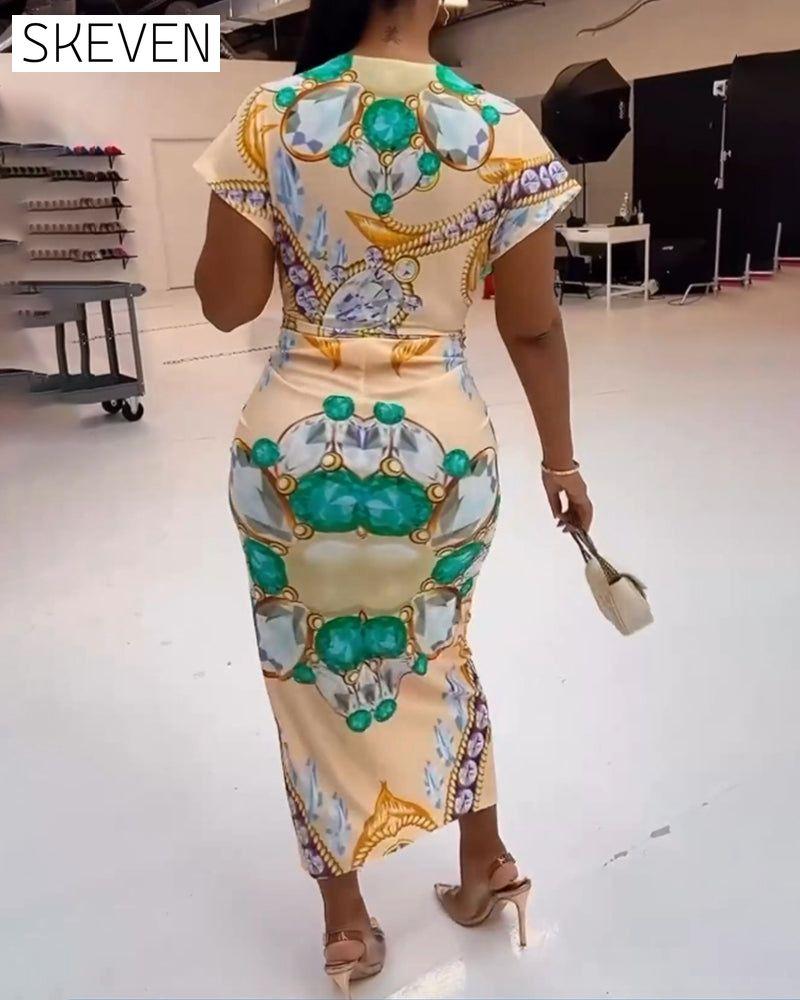 robe imprimée à fente en V profond