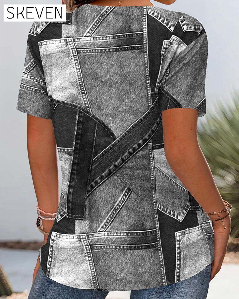 Vintage-Denimbluse mit Kontrastausschnitt