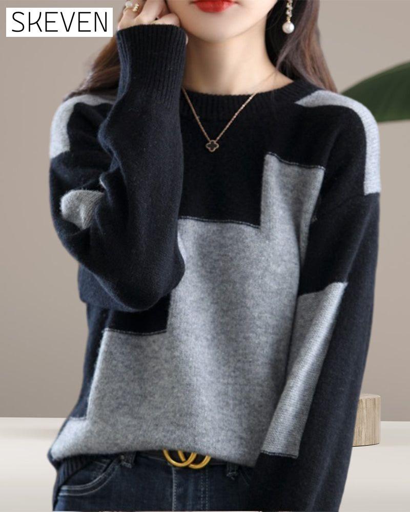 Lässiger, langärmeliger Pullover in Kontrastfarbe