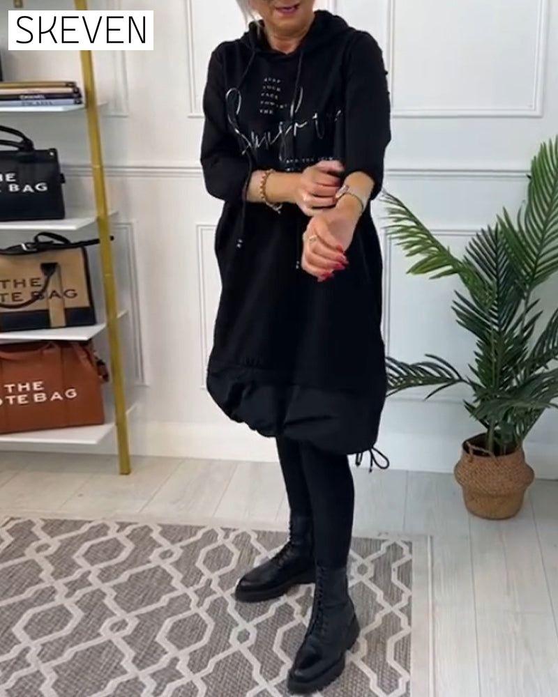 Casual color block letter print pocket hooded dress