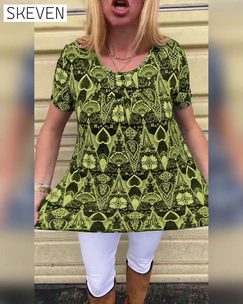 Casual Retro Crew Neck Printed T-Shirt