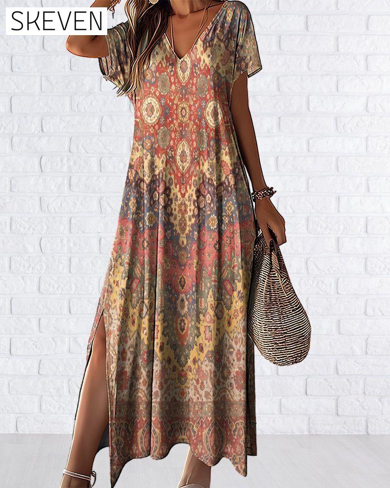 V-neck printed slit dress 23BF Casual Dresses Clothes Dresses SALE Spring Summer