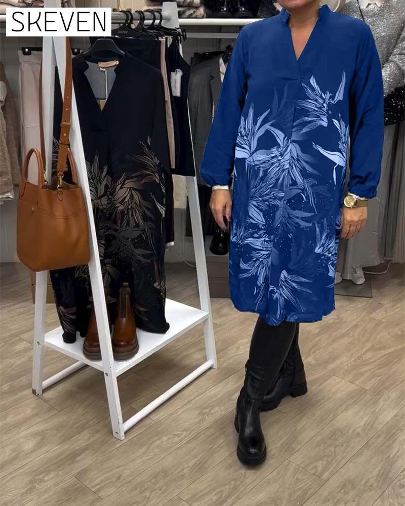 V-Neck Leaf Print Long-Sleeved Dress