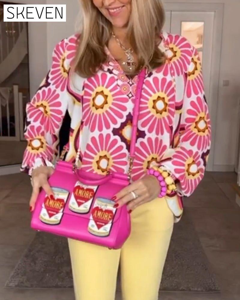 Long sleeve Geometric Print Blouse