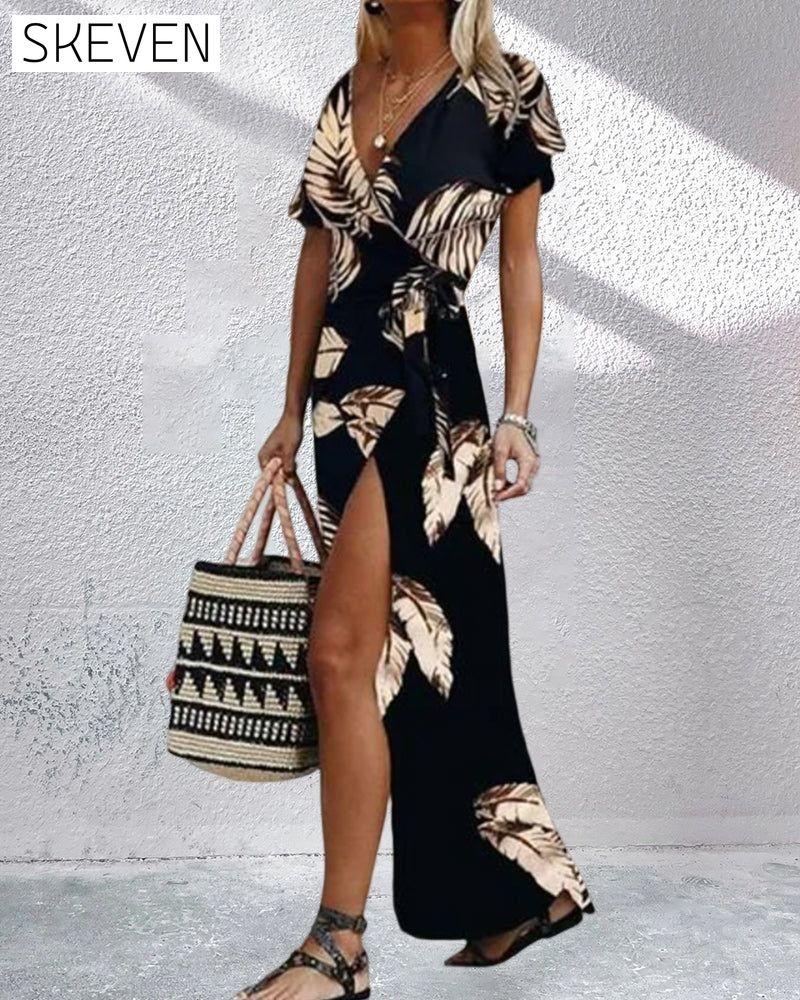 Short sleeve front slit printed dress 23BF Casual Dresses Clothes Dresses Summer