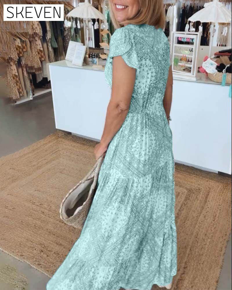 Vacation print V-neck split sleeve dress