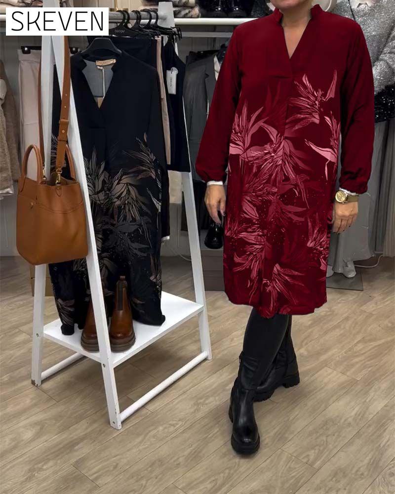 V-Neck Leaf Print Long-Sleeved Dress