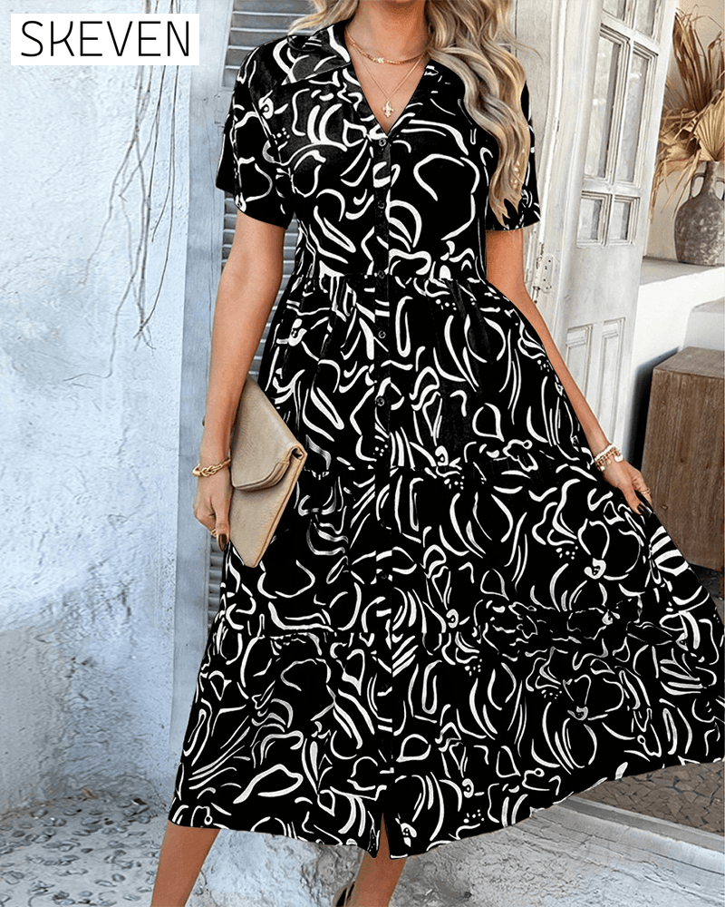 Short-sleeved Pocket Dress with Geometric Prints
