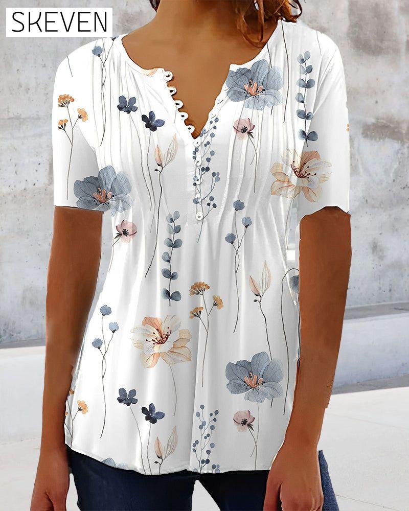 V Neck Button Print Short Sleeve Blouse