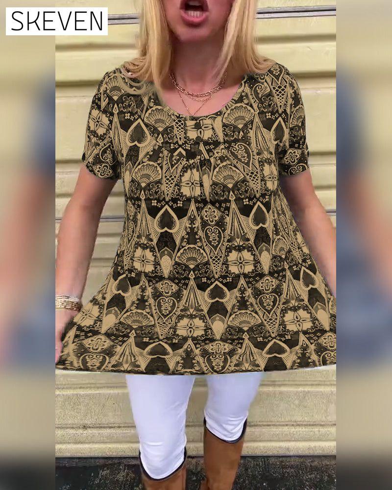 Casual Retro Crew Neck Printed T-Shirt