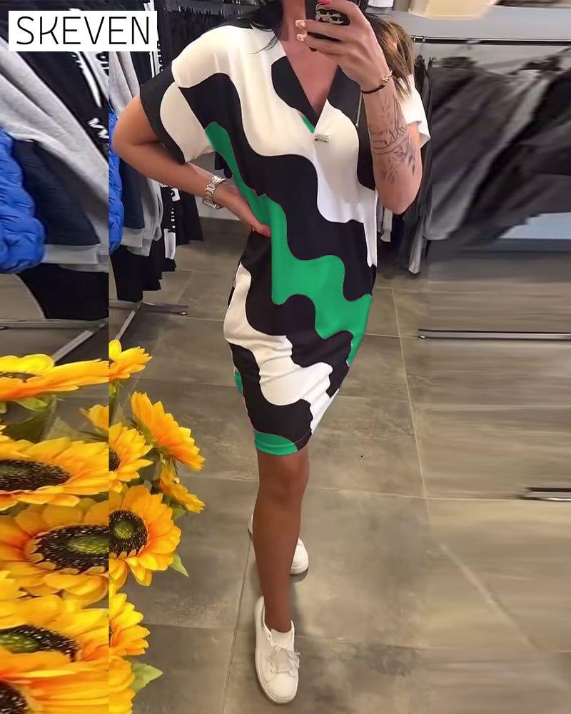 V-Neck Wave Print Dress