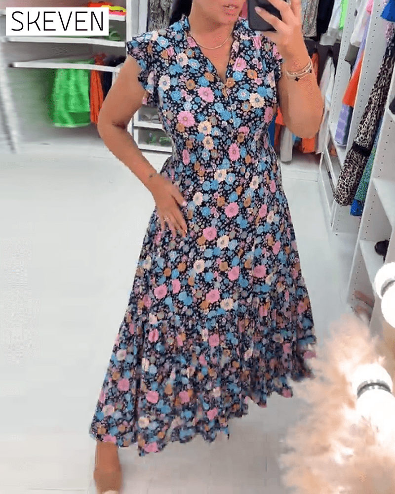 Ärmelloses Kleid mit V-Ausschnitt und Blumenmuster