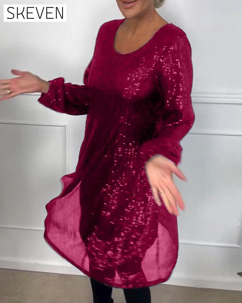 Elegantes, paillettenbesetztes A-Linien-Kleid mit Laternenärmeln