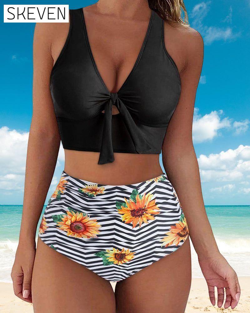 High Waist Push Up Floral Print Bikinis Sunflower black and white stripes 23BF Bikinis Clothes Summer Swimwear