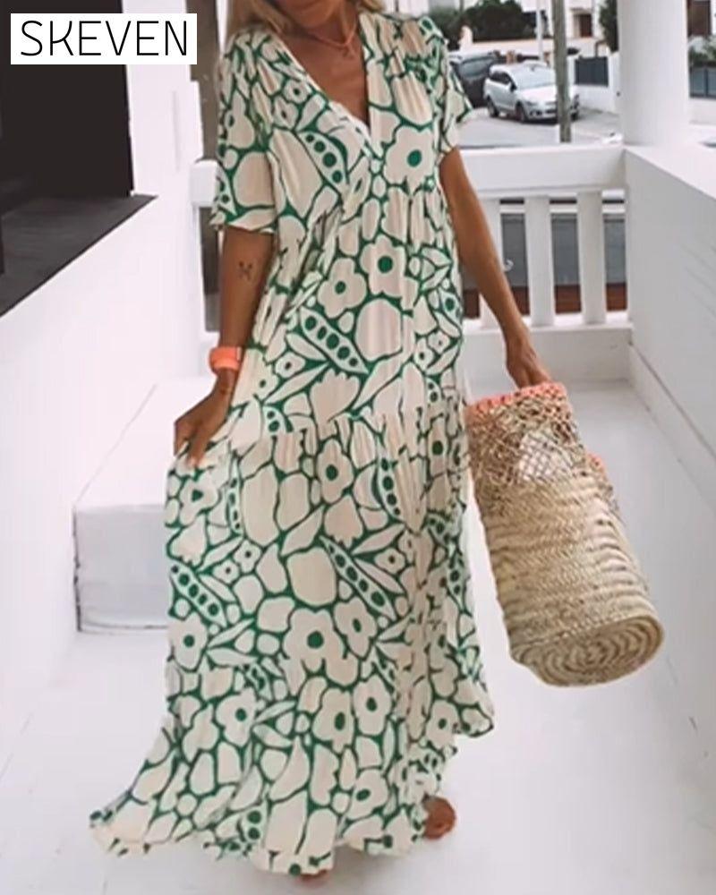 Printed v-neck loose dress Green 23BF Casual Dresses Clothes Dresses Spring Summer