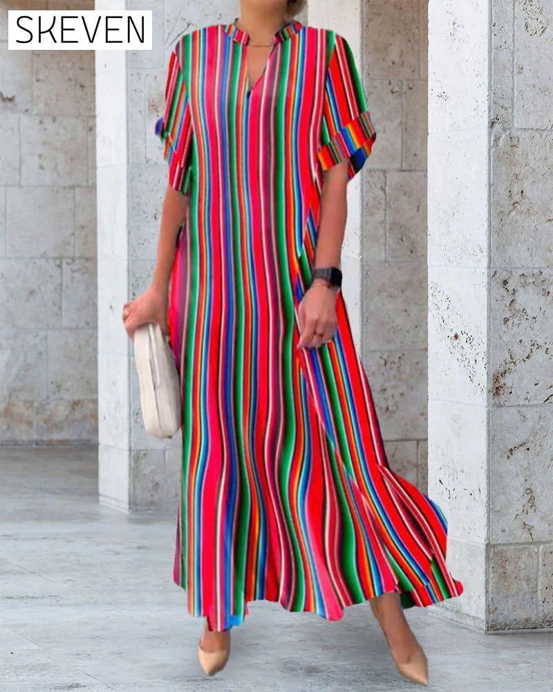 Colorful V-neck Dress in Stripe Print 23BF Casual Dresses Clothes Dresses Spring Summer