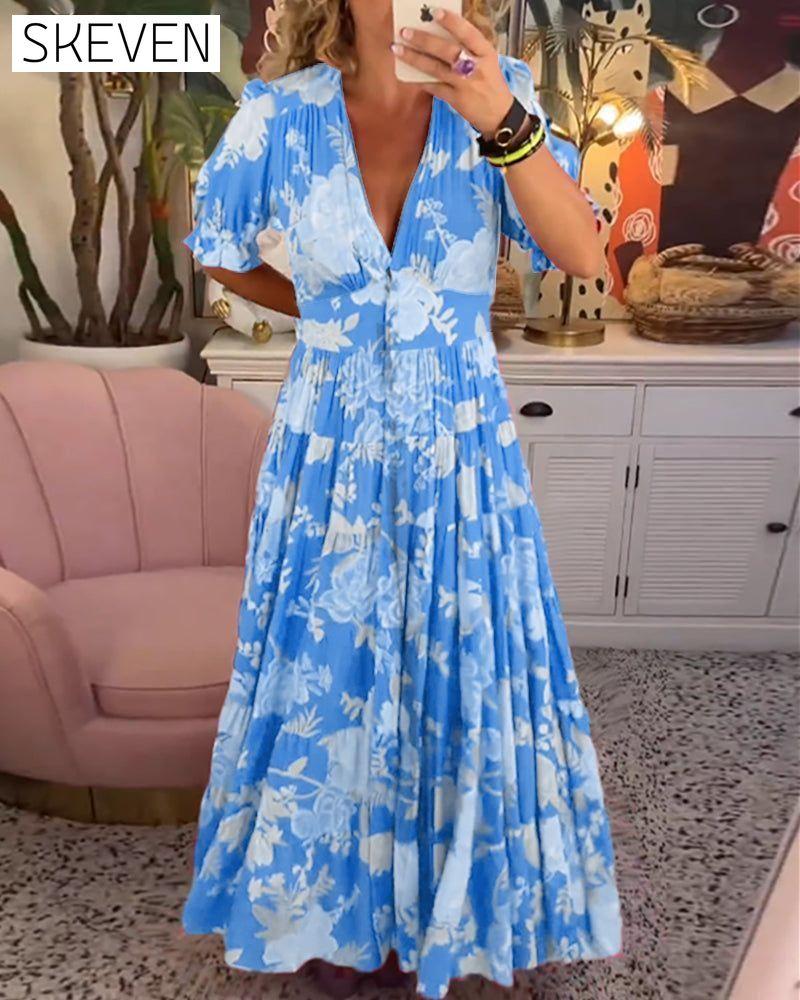 Floral print v-neck pocket dress Blue 23BF Casual Dresses Clothes discount Dresses Spring Summer