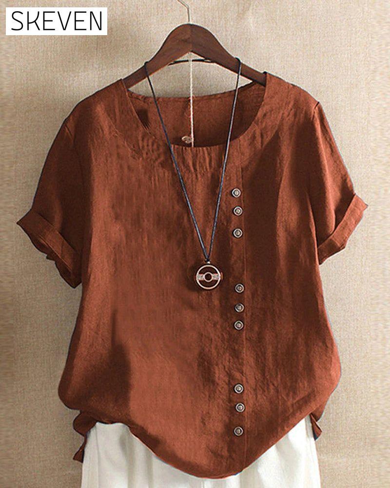Solid Color Button Short Sleeve Top
