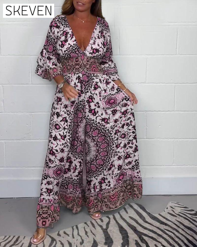 Printed deep V-neck jumpsuit jumpsuits spring summer