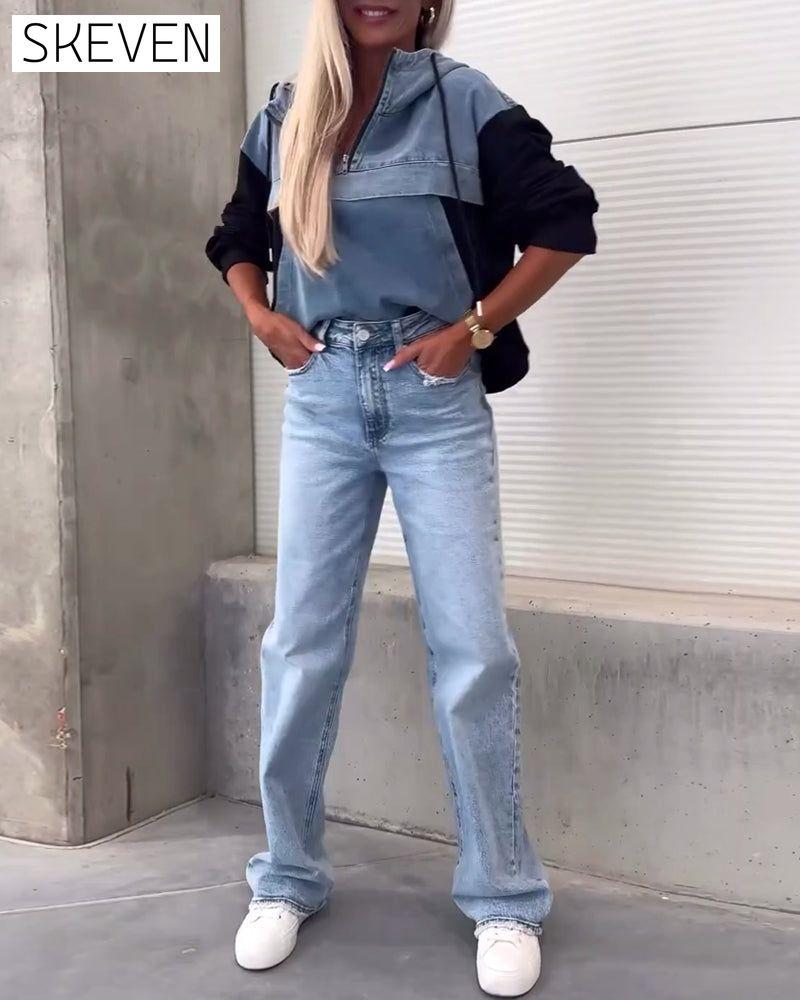 Casual denim patchwork zipper hoodie