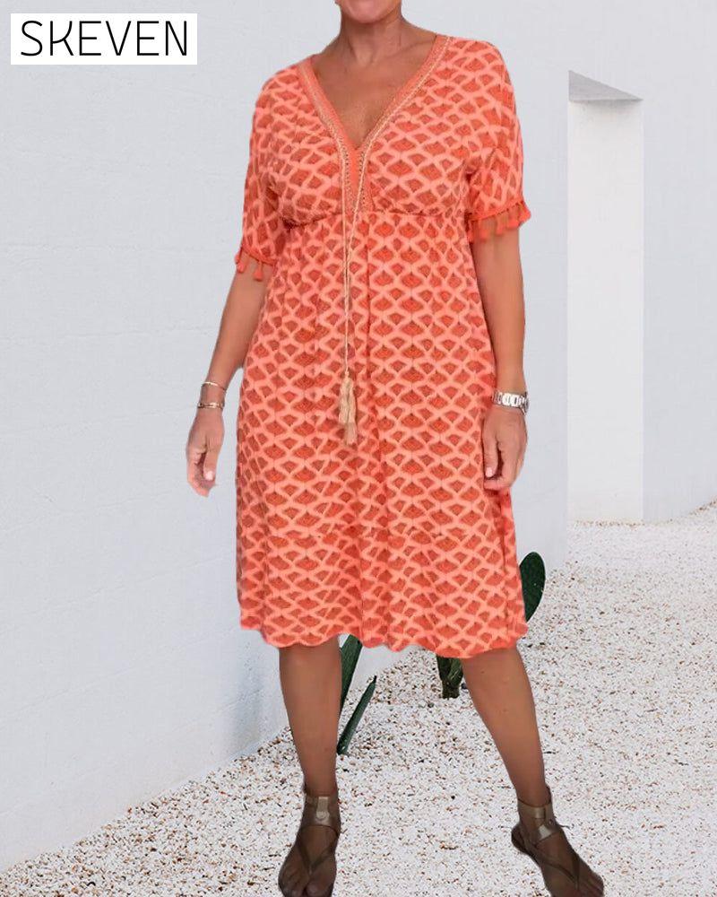 Printed v-neck fringed dress