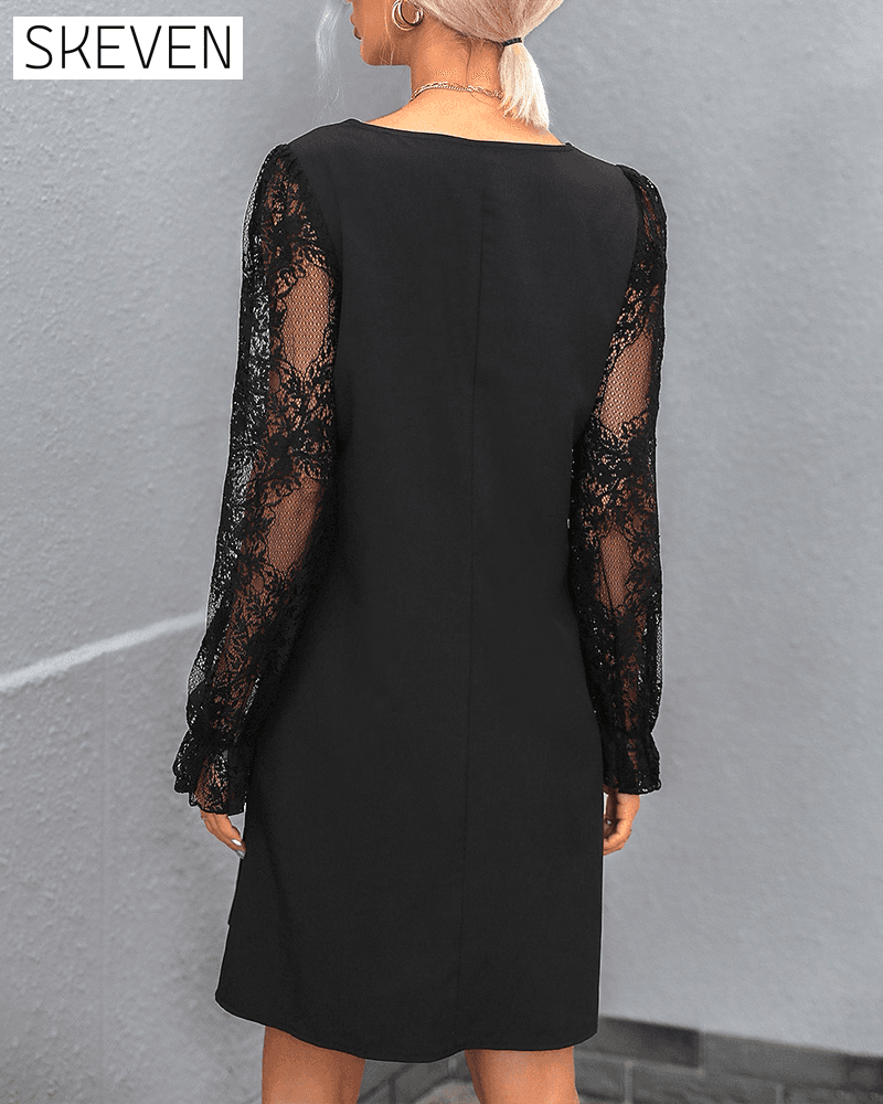 Solid color v neck lace sleeve dress