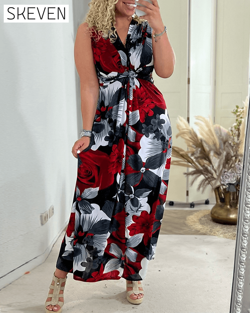 Elegantes, ärmelloses, plissiertes Kleid mit Blumenmuster