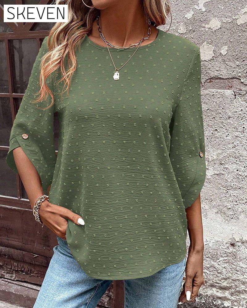 Chiffon-Jacquard-Bluse mit Rundhalsausschnitt, einfarbig