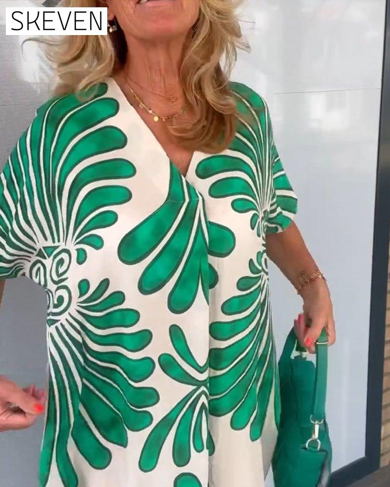 robe à col en V imprimée de feuilles