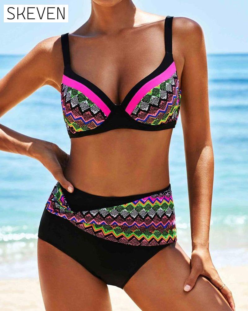Hög Midja Push-up-Bikinis mit Streifendruck