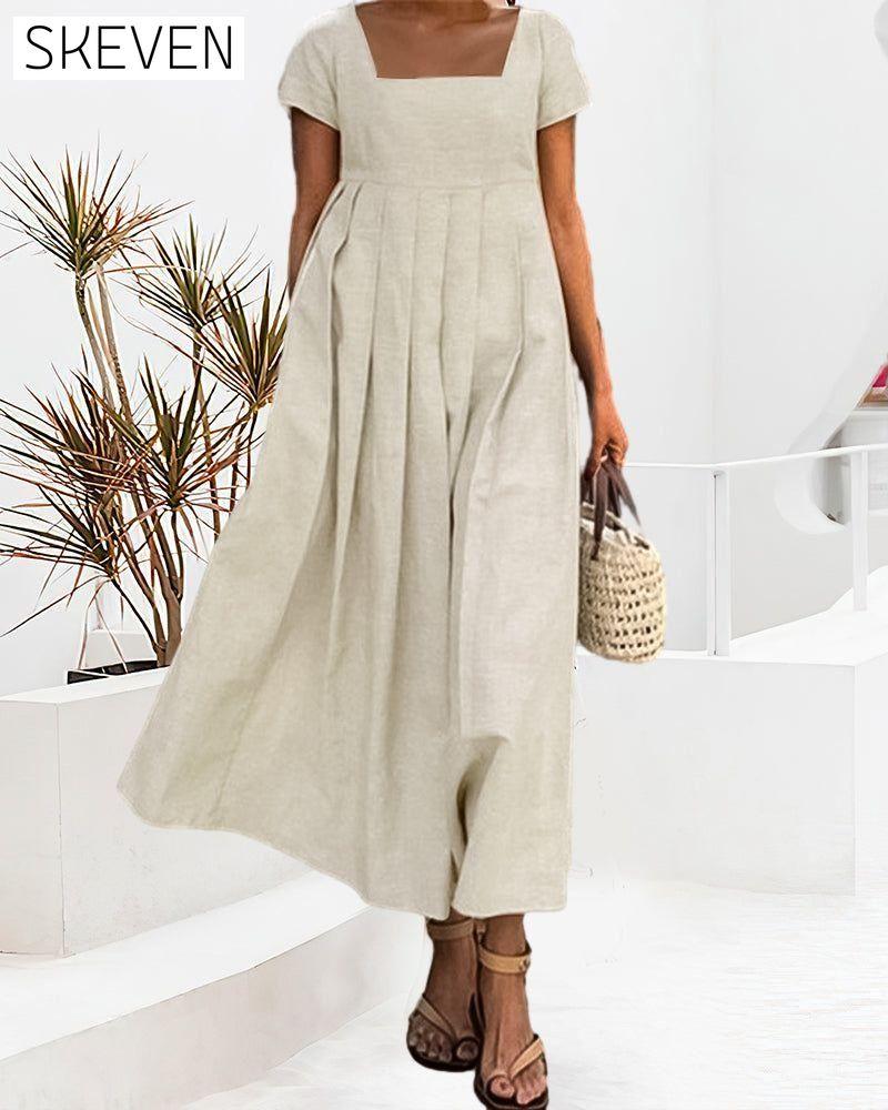 Cotton and linen square collar dress 23BF Casual Dresses Clothes Cotton and Linen Dresses Spring Summer