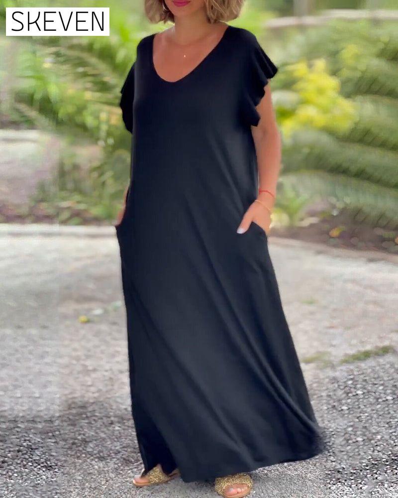 Einfarbiges, kurzes, langes Kleid mit Tasche