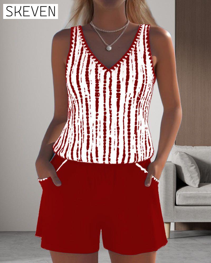 Casual Pocket V-Neck Printed Two-Piece Swimsuit