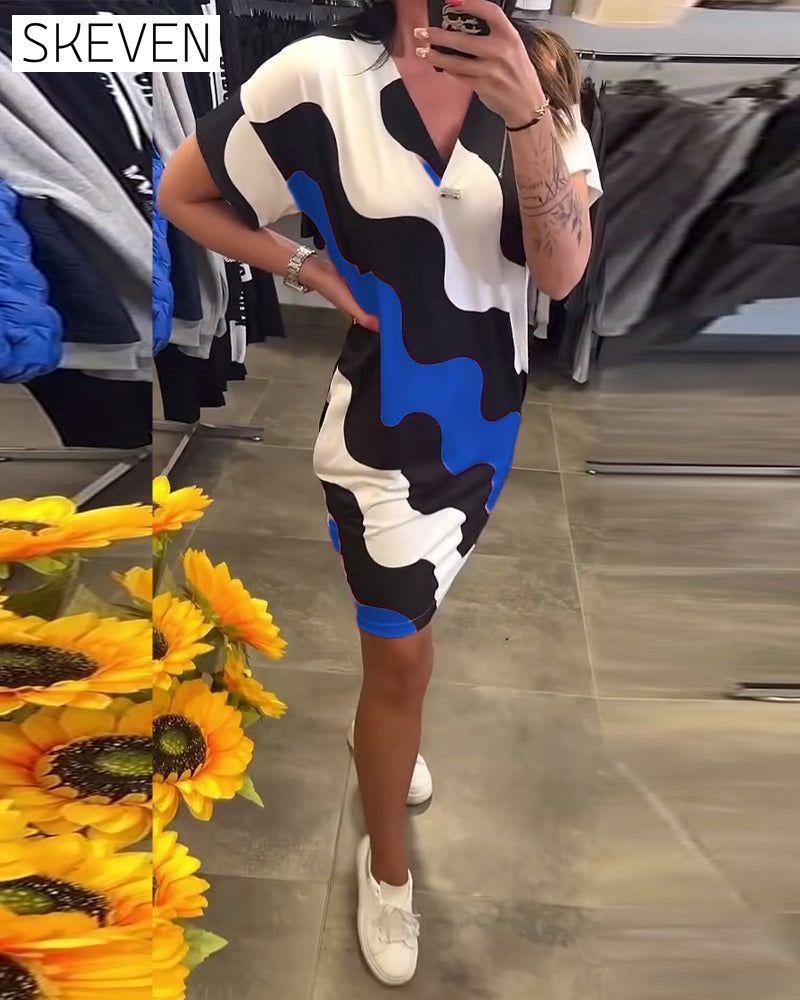 V-Neck Wave Print Dress