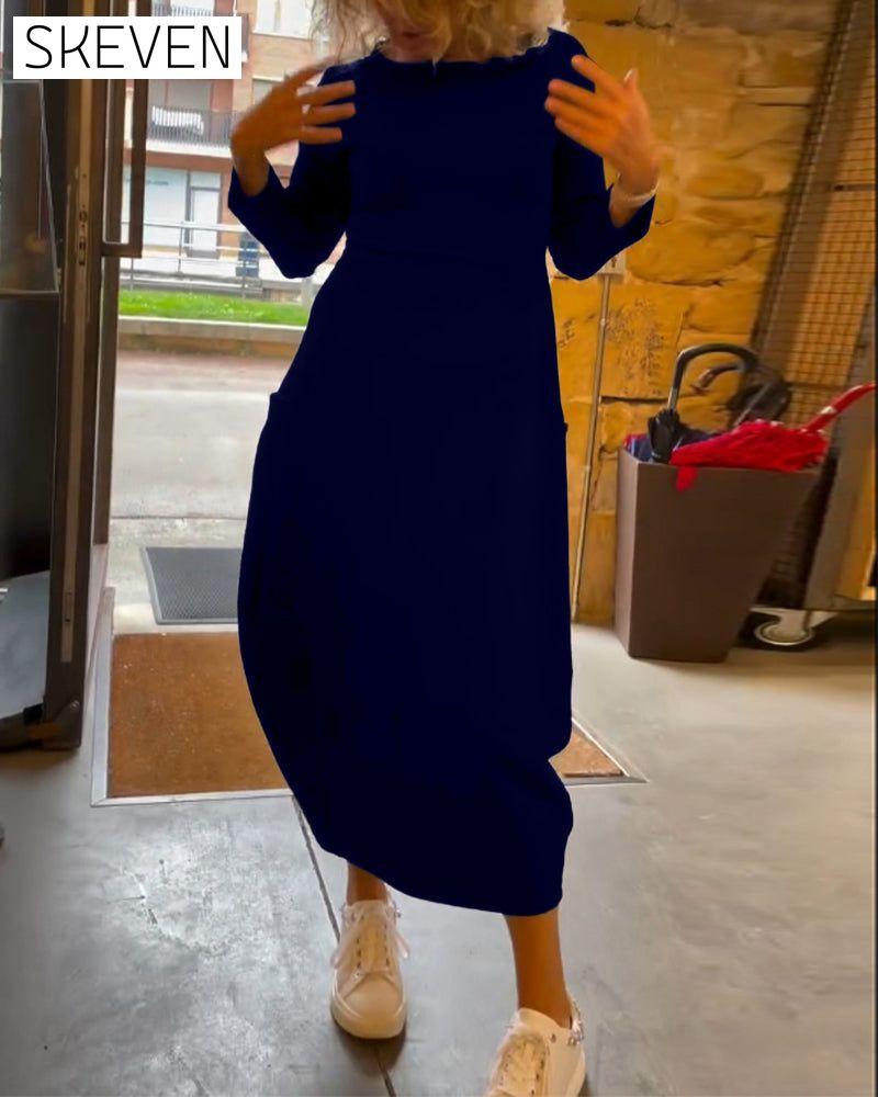 Solid color round neck long sleeve pocket dress