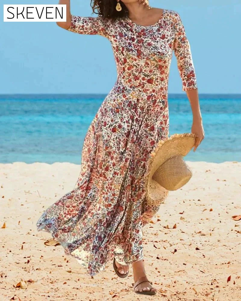 Floral Print Dress with 3/4 Sleeves 23BF Casual Dresses Clothes Dresses