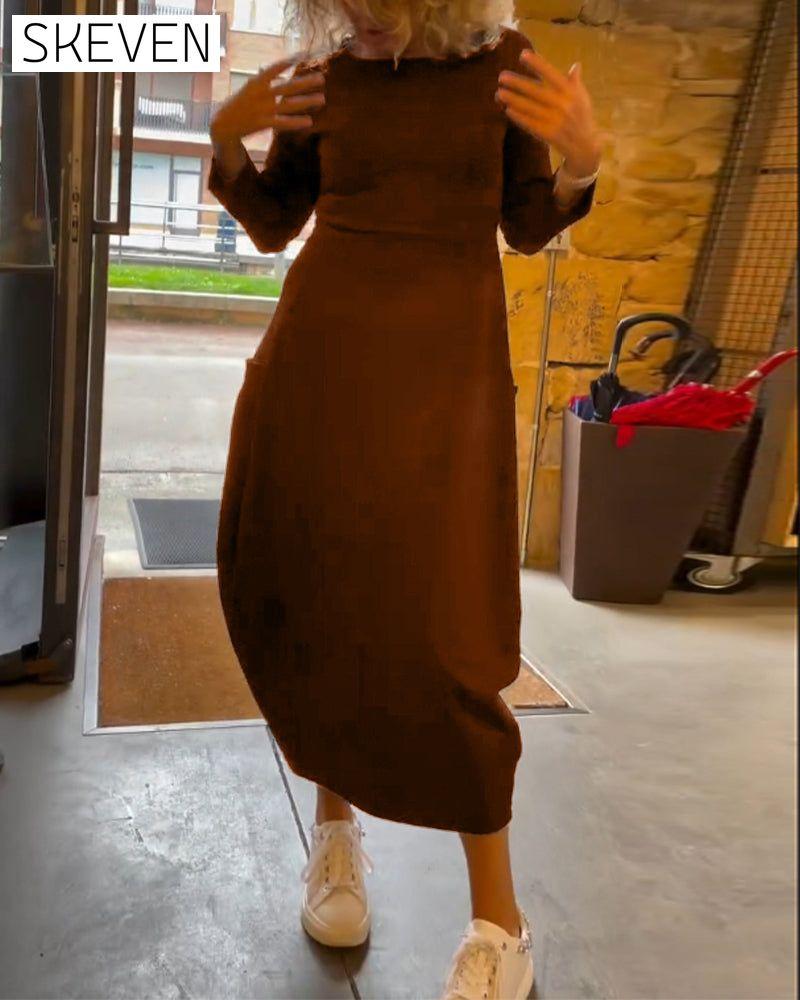 Solid color round neck long sleeve pocket dress