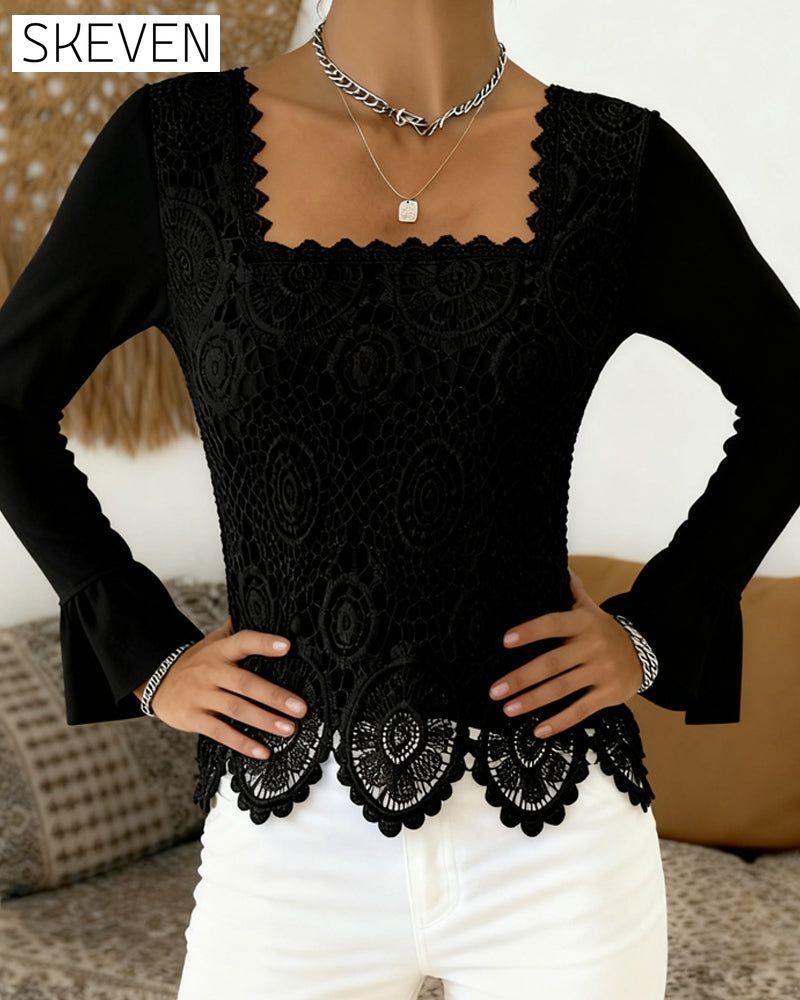 Gehäkelte Patchworkbluse mit weitem Ausschnitt